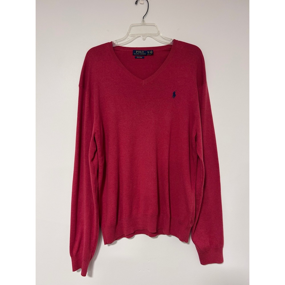 Polo Ralph Lauren Red Pima Cotton V-Neck Sweater Mens XL Long Sleeve Pony Logo